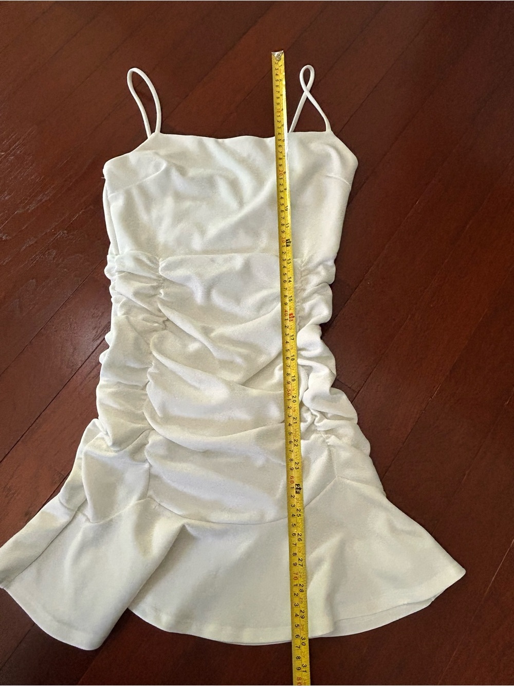 CEFIAN Ivory Ruched Ruffle-Hem Mini Dress Spaghetti Strap Cocktail/Going XS/S - Picture 2 of 6